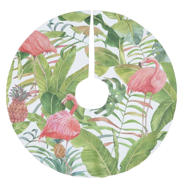 Tropical Flamingo Pineapple: Hand-Drawn Pattern Brushed Polyester Tree Skirt (Front)