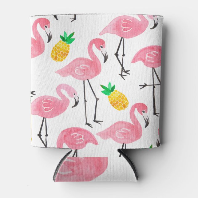 Tropical Flamingo Pineapple: Watercolor Set Can Cooler (Front)