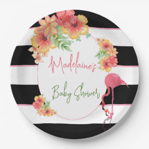 Tropical Flamingo Pink Black Stripe Baby Shower Paper Plate