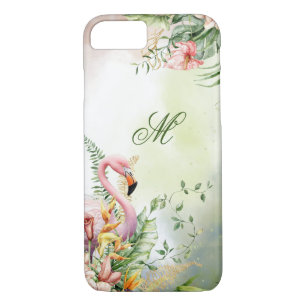 Tropical Flamingo Pink Floral Watercolor Monogram Case-Mate iPhone Case