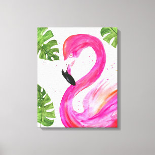 Tropical Flamingo Pink Palm Leaves Green Art Bird Canvas Print