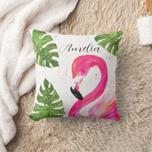 Tropical Flamingo Pink Palm Leaves Green Art Bird Cushion