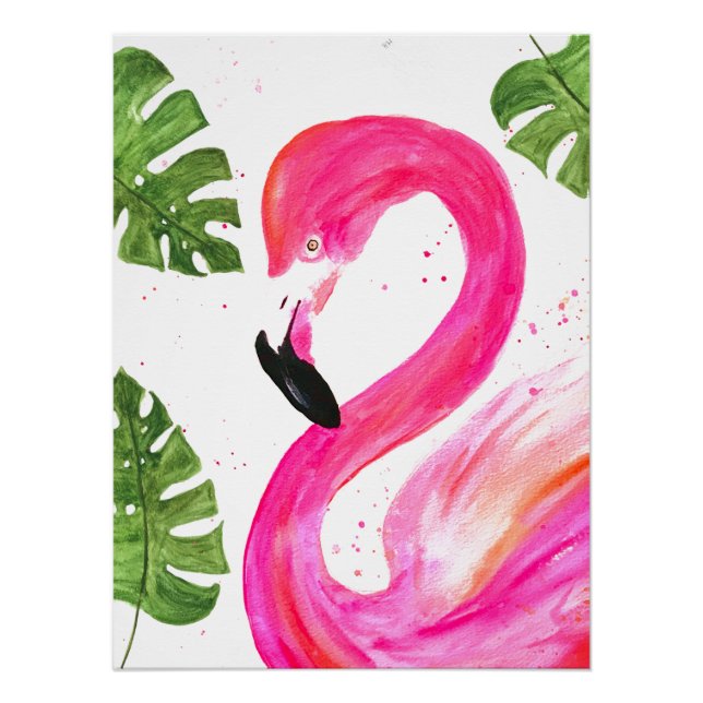 Tropical Flamingo Pink Palm Leaves Green Art Bird Poster (Front)
