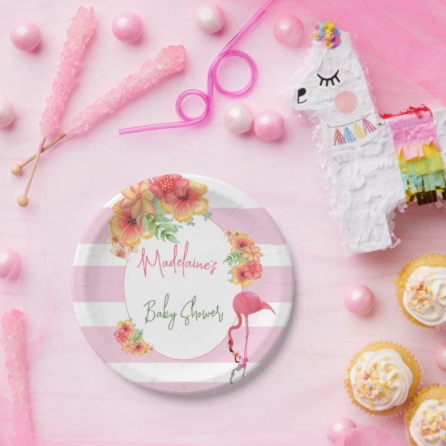 Tropical Flamingo Pink Stripe Baby Shower Paper Plate (Party)