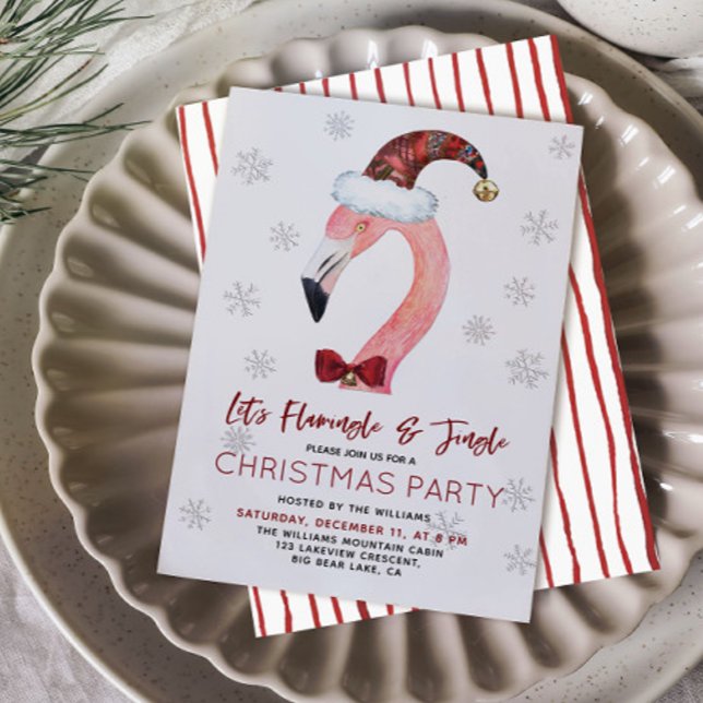 Tropical Flamingo Plaid Santa Hat Christmas Party Invitation (Creator Uploaded)