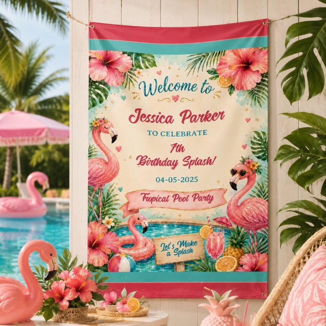 Tropical Flamingo Pool Party 7th Birthday Splash Banner (Tropical Flamingo Pool Party 7th Birthday Splash Banner
)