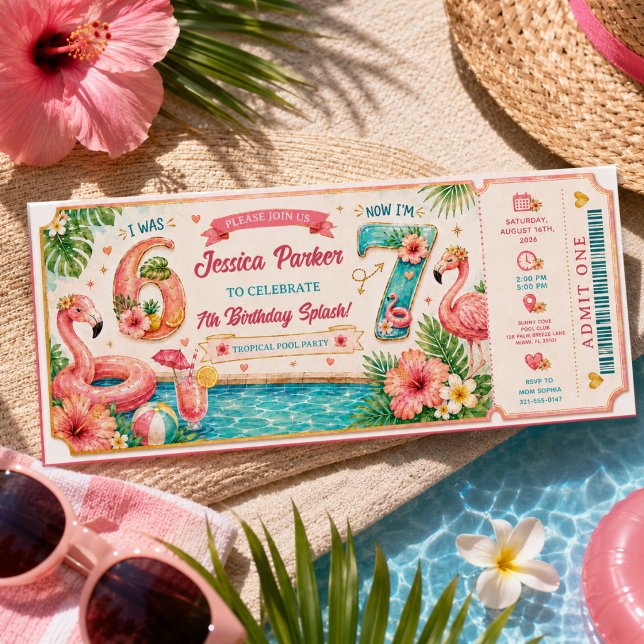 Tropical Flamingo Pool Party 7th Birthday Splash Invitation (Tropical Flamingo Pool Party 7th Birthday Splash Invitation
)