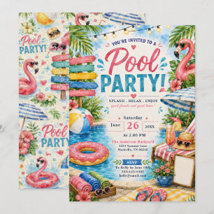 Tropical Flamingo Pool Party Invitation