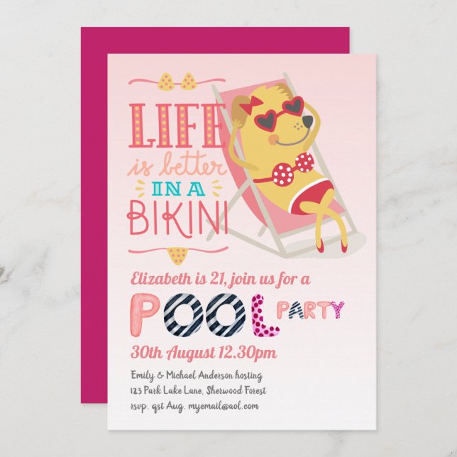 Tropical Flamingo POOL PARTY Pink Bikini Girls Invitation (Front/Back)