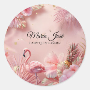 Tropical Flamingo Quinceañera, custom Classic Round Sticker