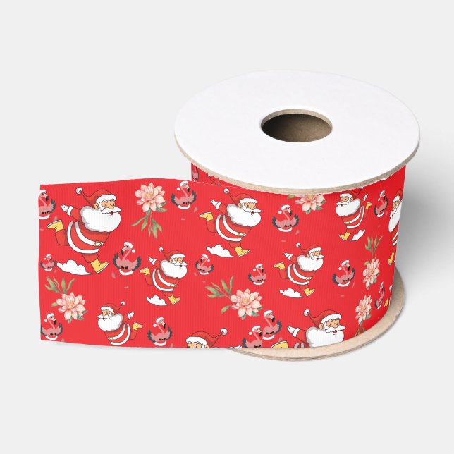 Tropical Flamingo Santa Christmas Pattern Grosgrain Ribbon (Spool)