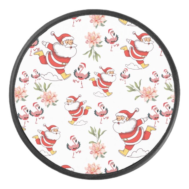 Tropical Flamingo Santa Christmas Pattern Hockey Puck (Front)