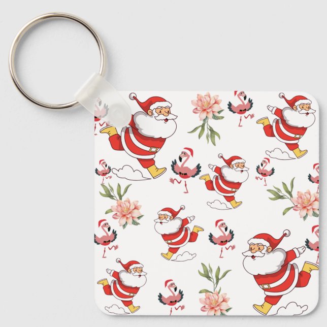 Tropical Flamingo Santa Christmas Pattern Key Ring (Front)