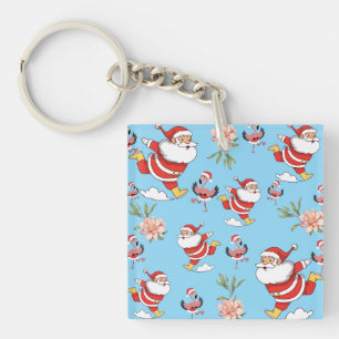Tropical Flamingo Santa Christmas Pattern Key Ring