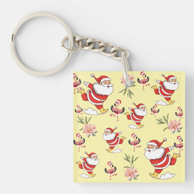 Tropical Flamingo Santa Christmas Pattern Napkins Key Ring (Front)