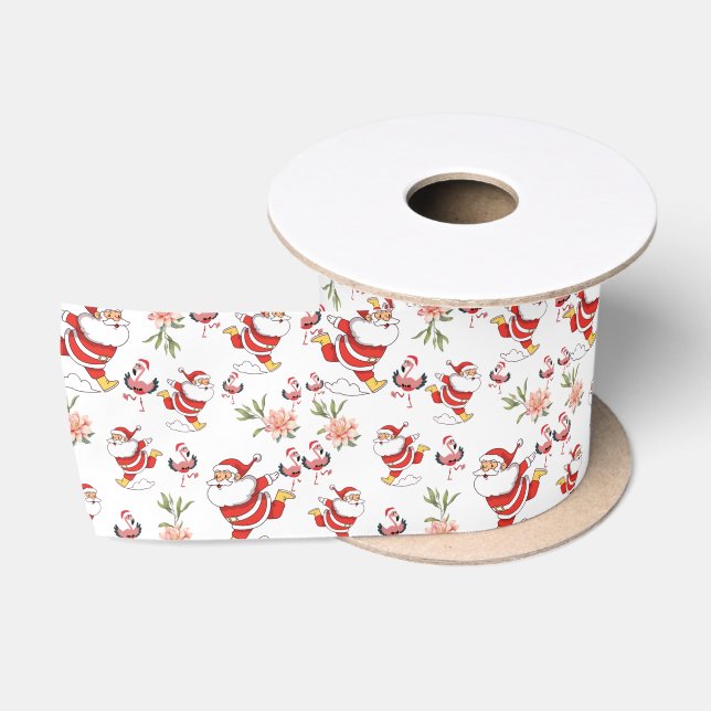 Tropical Flamingo Santa Christmas Pattern Satin Ribbon (Spool)