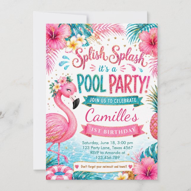 Tropical Flamingo Splash Pool Party Birthday Invitation (Front)
