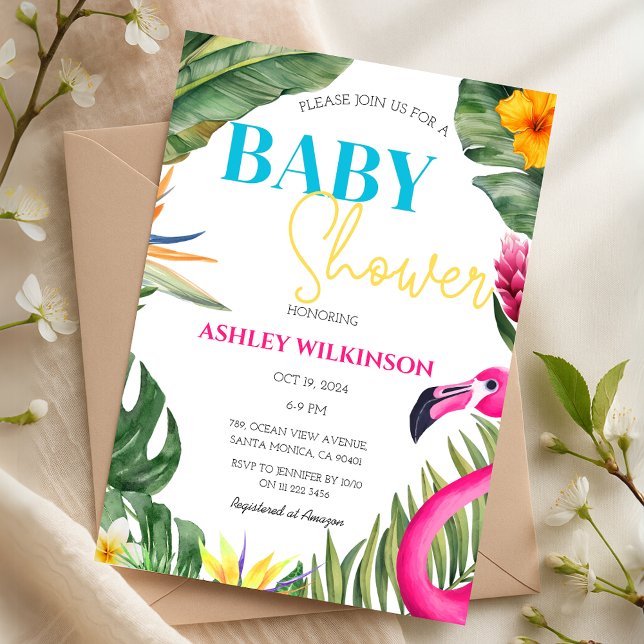 Tropical Flamingo Summer Floral Baby Shower Invitation (Tropical Flamingo Summer Floral Baby Shower Invitation)
