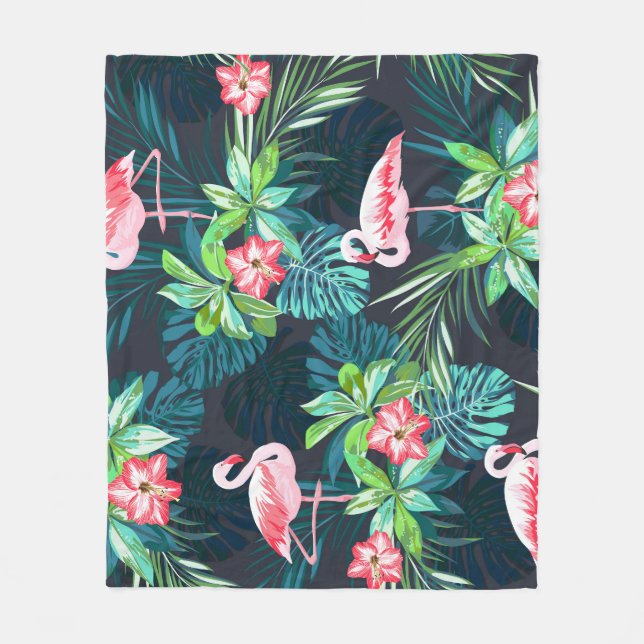 Tropical Flamingo: Summer Flowers Pattern Fleece Blanket (Front)