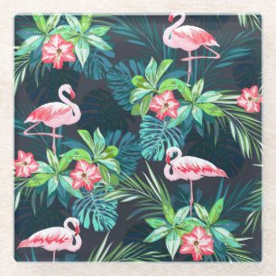 Tropical Flamingo: Summer Flowers Pattern Glass Coaster