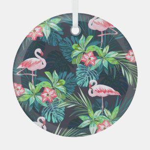Tropical Flamingo: Summer Flowers Pattern Glass Tree Decoration