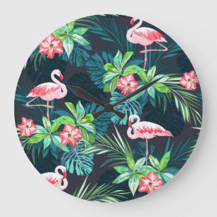 Tropical Flamingo: Summer Flowers Pattern Large Clock