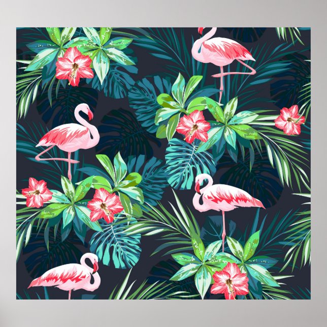 Tropical Flamingo: Summer Flowers Pattern Poster (Front)