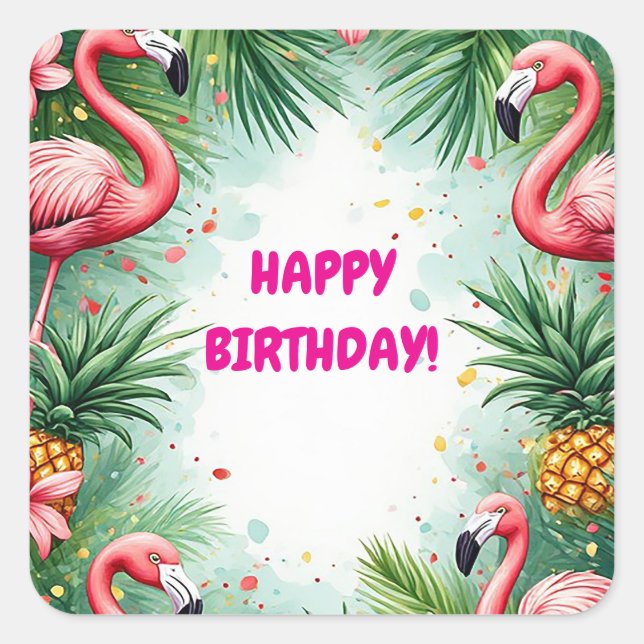 🍍 Tropical Flamingo Summer Frame With Lush Leaves Square Sticker (Front)