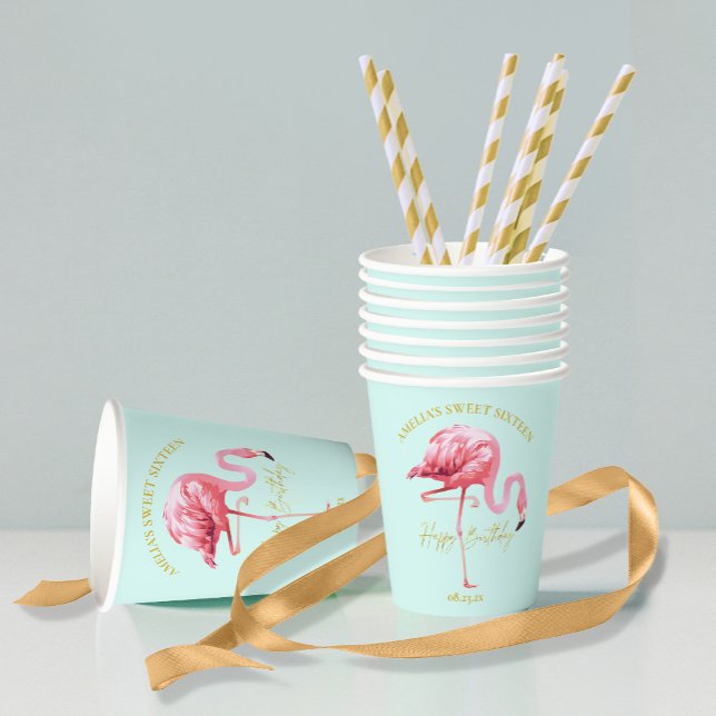 Tropical Flamingo Sweet 16 Happy Birthday ID922 Paper Cups (Creator Uploaded)