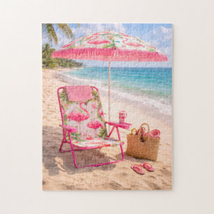 Tropical Flamingo Themed Beach Chair & Umbrella Jigsaw Puzzle