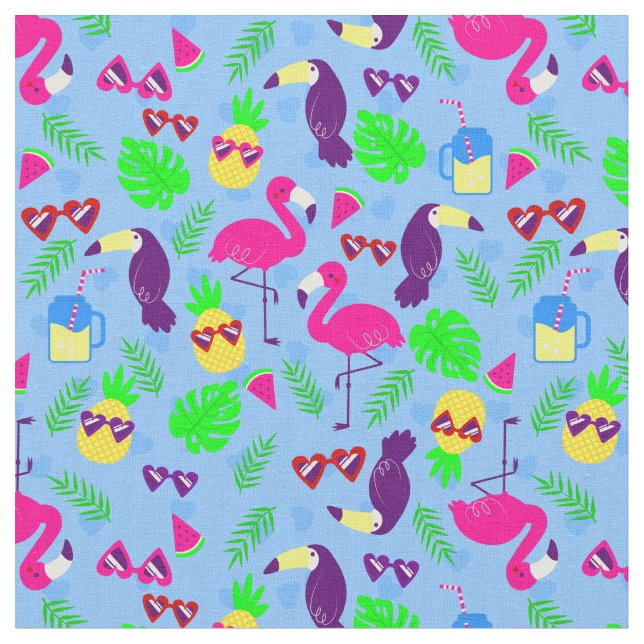 tropical flamingo toucan pineapple watermelon fabric (Close Up)