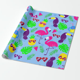 tropical flamingo toucan pineapple watermelon wrapping paper
