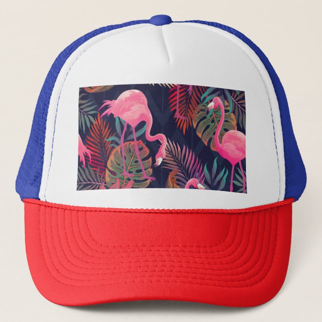 Tropical flamingo: vintage palm pattern. trucker hat (Front)