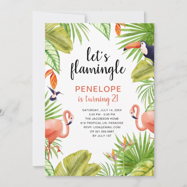 Tropical Flamingo Watercolor 21st Birthday Invitation (Front)