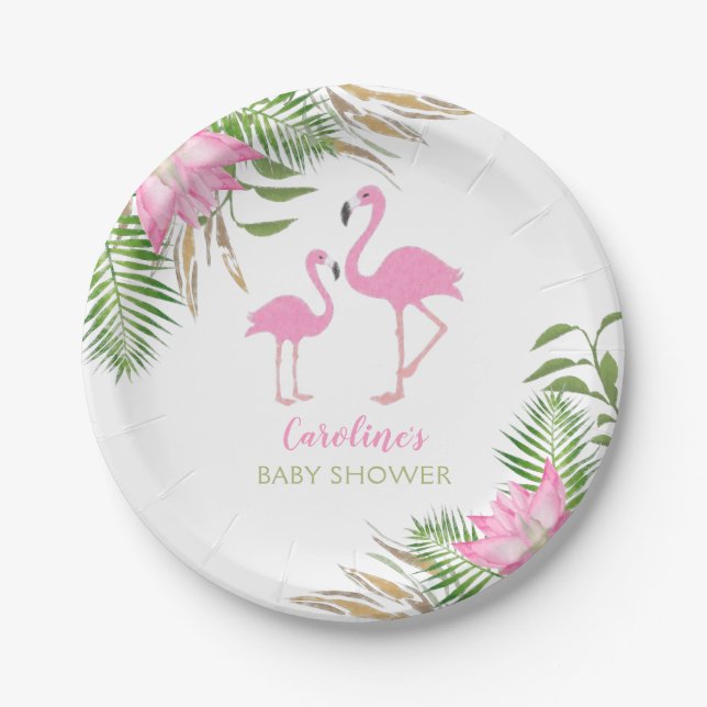 Tropical Flamingo Watercolor Floral Baby Shower Paper Plate (Front)