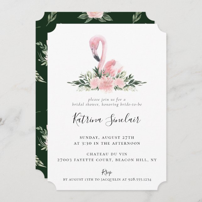 Tropical Flamingo Watercolor Floral Bridal Shower Invitation (Front/Back)