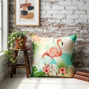 Tropical Flamingo Watercolor & Geometric Pattern Cushion