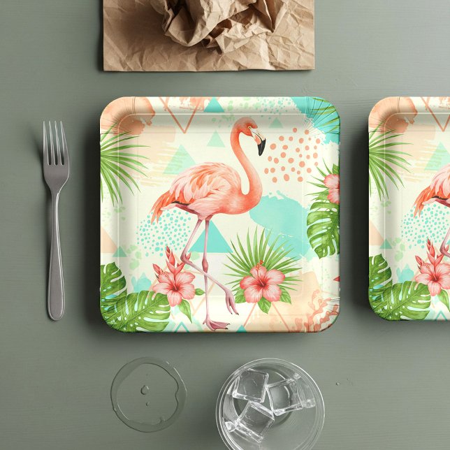Tropical Flamingo Watercolor & Geometric Pattern Paper Plate (Creator Uploaded)