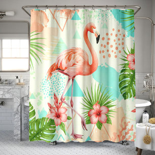 Tropical Flamingo Watercolor & Geometric Pattern Shower Curtain