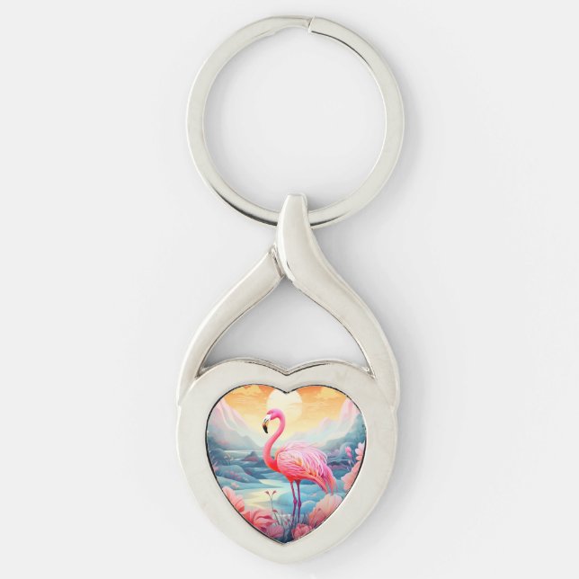Tropical Flamingo with Flowers-76280 Key Ring (Front)