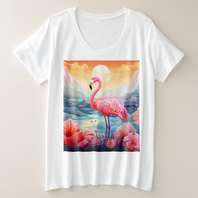 Tropical Flamingo with Flowers-76289 Plus Size T-Shirt (Design Front)
