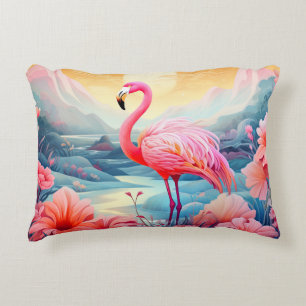 Tropical Flamingo with Flowers Decorative Cushion