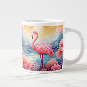 Tropical Flamingo with Flowers Large Coffee Mug