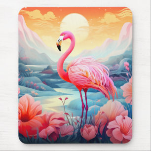 Tropical Flamingo with Flowers Mouse Pad