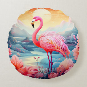 Tropical Flamingo with Flowers Round Cushion