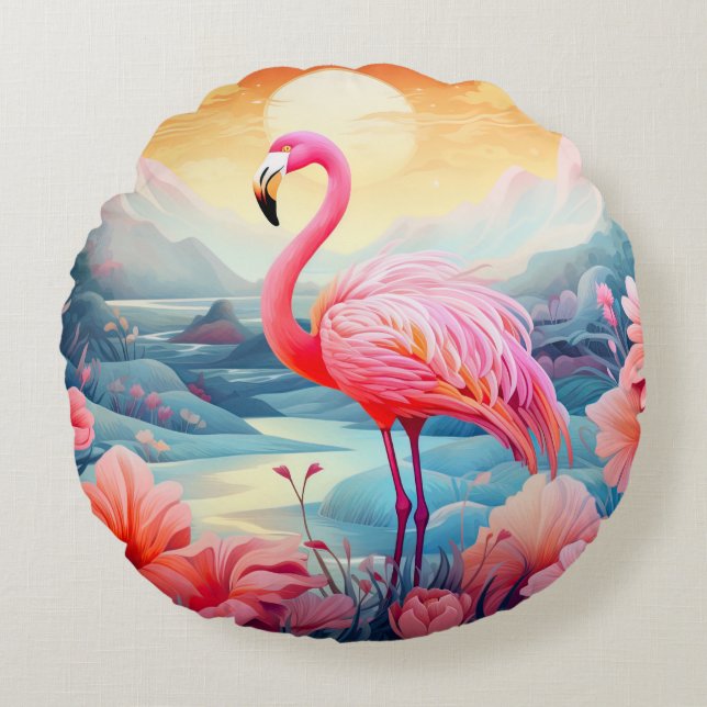 Tropical Flamingo with Flowers Round Cushion (Front)