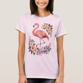 Tropical Flamingo with Flowers T-Shirt