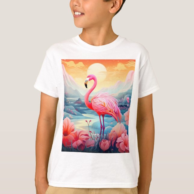 Tropical Flamingo with Flowers T-Shirt (Front)