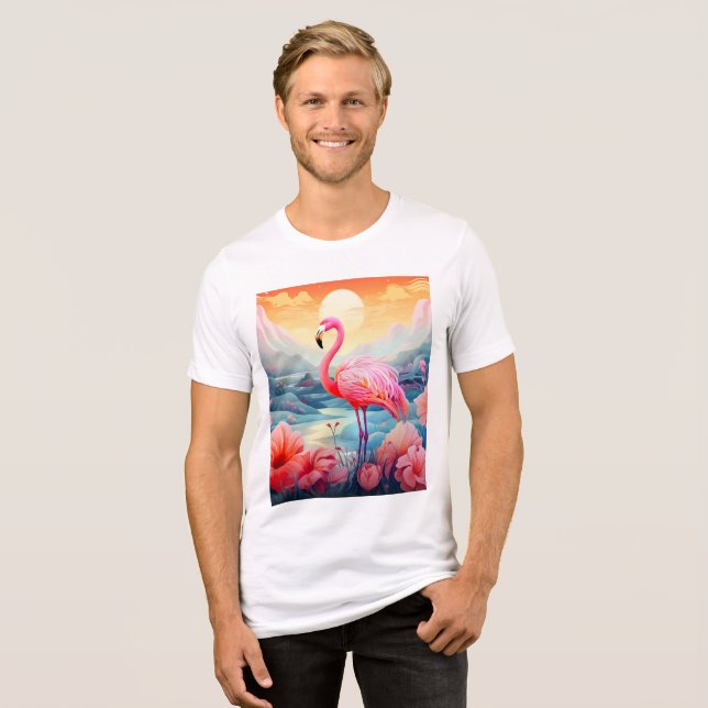 Tropical Flamingo with Flowers Tri-Blend Shirt (Front Full)