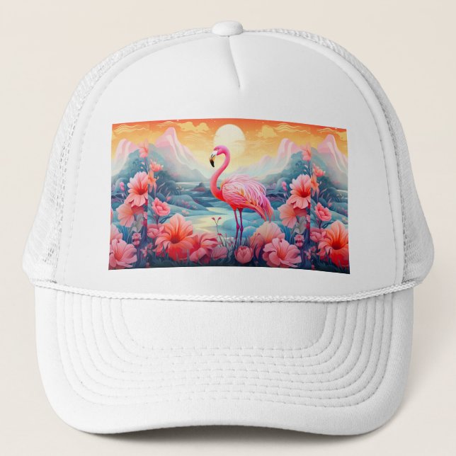 Tropical Flamingo with Flowers Trucker Hat (Front)